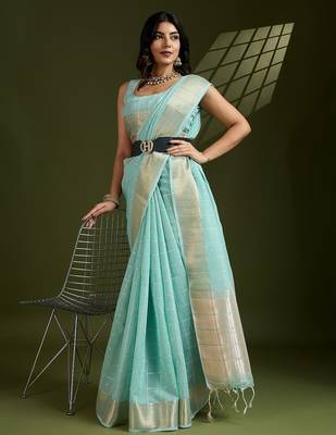 Sky Blue Color All Over Gota-patti Weaves Checks Work Tissue Linen Silk Saree  2