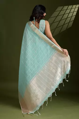 Sky Blue Color All Over Gota-patti Weaves Checks Work Tissue Linen Silk Saree 