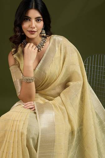 Light Yellow Color All Over Gota-patti Weaves Checks Work Tissue Linen Silk Saree 