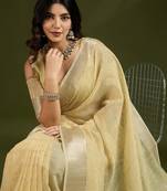 Light Yellow Color All Over Gota-patti Weaves Checks Work Tissue Linen Silk Saree 