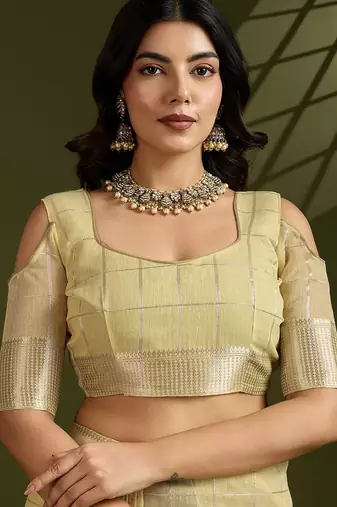 Light Yellow Color All Over Gota-patti Weaves Checks Work Tissue Linen Silk Saree 