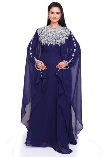 Luxurious Floor-Length Navy Blue Stitched Kaftan with Heavy Handwork Embroidery