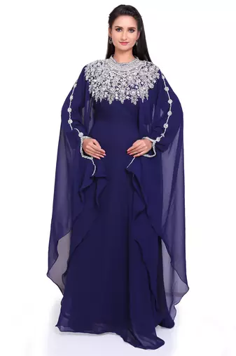 Luxurious Floor-Length Navy Blue Stitched Kaftan with Heavy Handwork Embroidery