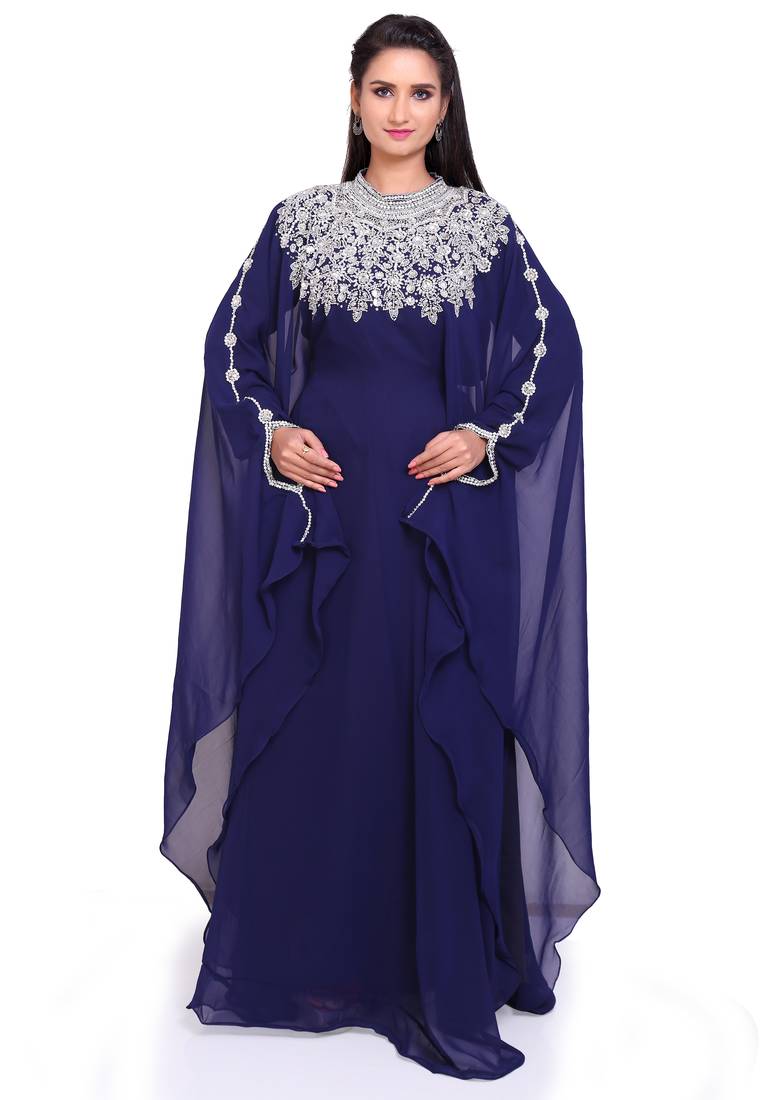 Luxurious Floor-Length Navy Blue Stitched Kaftan with Heavy Handwork Embroidery