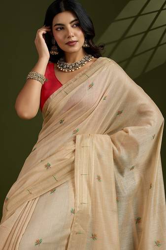Cream Color With Resham Weaving Work Muga Cotton Paithani Saree 