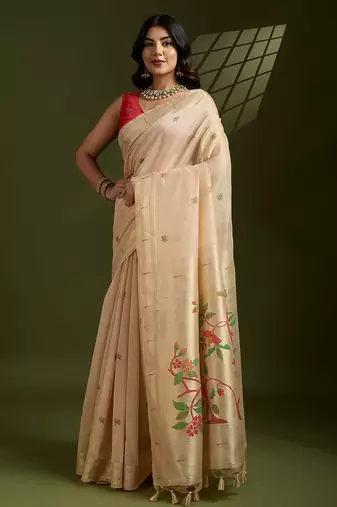 Cream Color With Resham Weaving Work Muga Cotton Paithani Saree 