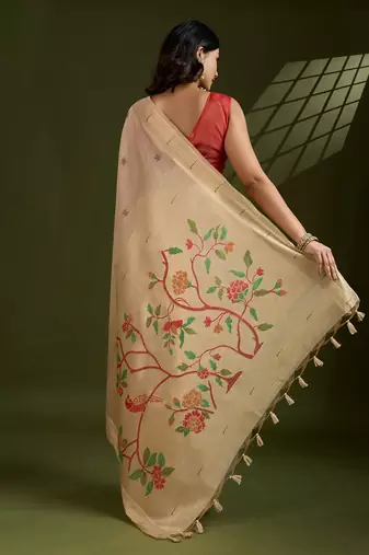 Cream Color With Resham Weaving Work Muga Cotton Paithani Saree 