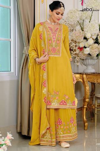 Yellwo SILK EMBROIDERY PARTY WEAR SALWAR SUITS 