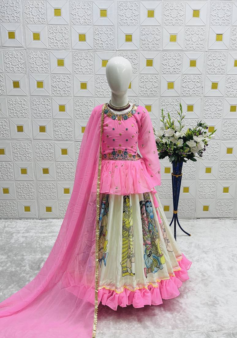 New Kediya Style Georgette Embroidery Work Pink Readymade Lehenga Choli
