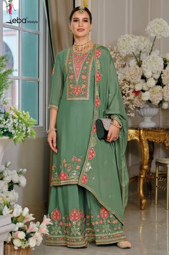 green chinon SILK  embroidery party wear suit set  