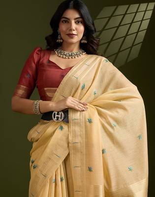 Gold Color With Resham Weaving Work Muga Cotton Paithani Saree  1