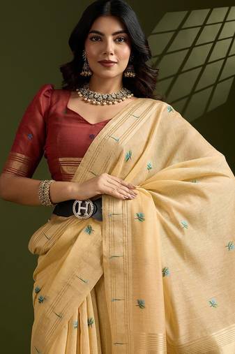 Gold Color With Resham Weaving Work Muga Cotton Paithani Saree 