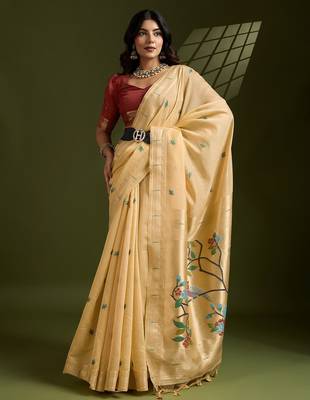 Gold Color With Resham Weaving Work Muga Cotton Paithani Saree  2