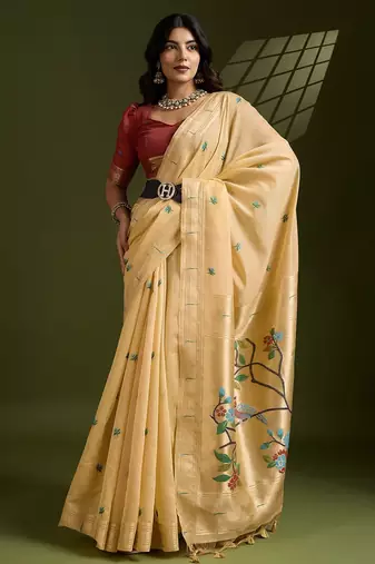 Gold Color With Resham Weaving Work Muga Cotton Paithani Saree 