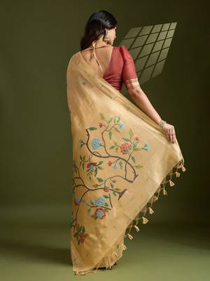 Gold Color With Resham Weaving Work Muga Cotton Paithani Saree  3