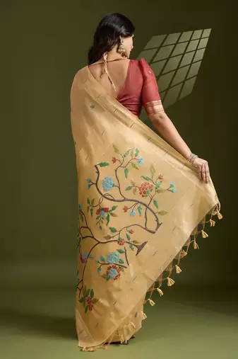 Gold Color With Resham Weaving Work Muga Cotton Paithani Saree 