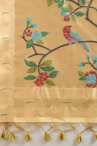 Gold Color With Resham Weaving Work Muga Cotton Paithani Saree 