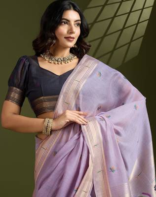 Lavender Color With Resham Weaving Work Muga Cotton Paithani Saree  1