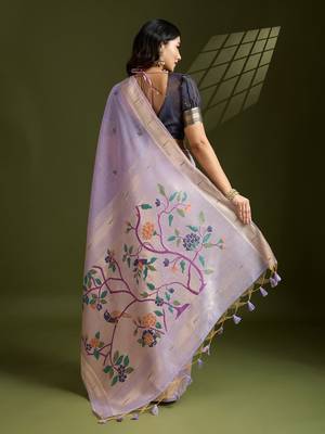 Lavender Color With Resham Weaving Work Muga Cotton Paithani Saree  3