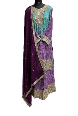 Light blue & purple bandhani embroidered palazzo suits free size - upto 42 2