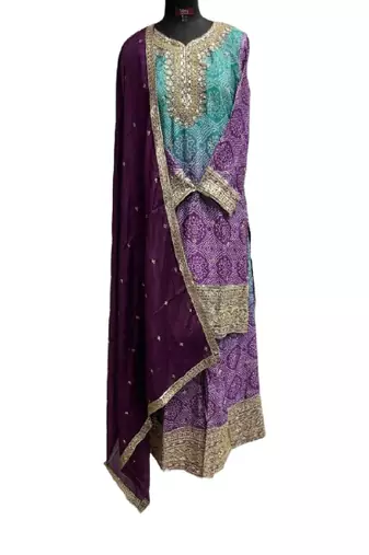 Light blue & purple bandhani embroidered palazzo suits free size - upto 42