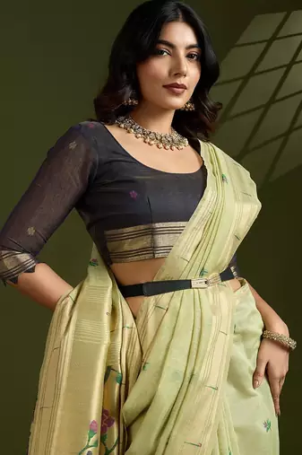 Light Green Color With Resham Weaving Work Muga Cotton Paithani Saree 