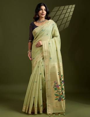 Light Green Color With Resham Weaving Work Muga Cotton Paithani Saree  2