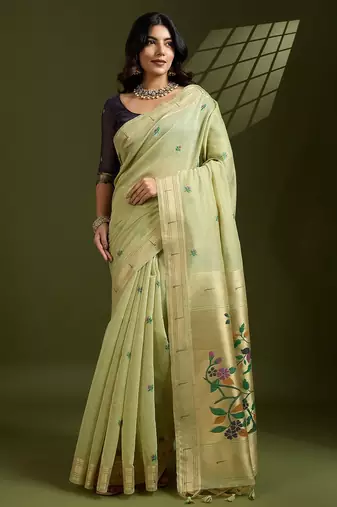 Light Green Color With Resham Weaving Work Muga Cotton Paithani Saree 