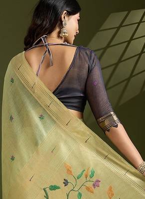 Light Green Color With Resham Weaving Work Muga Cotton Paithani Saree  3