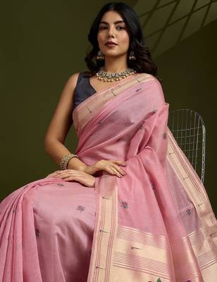 Pink Color With Resham Weaving Work Muga Cotton Paithani Saree  1