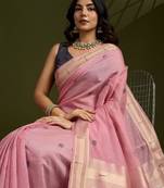 Pink Color With Resham Weaving Work Muga Cotton Paithani Saree 