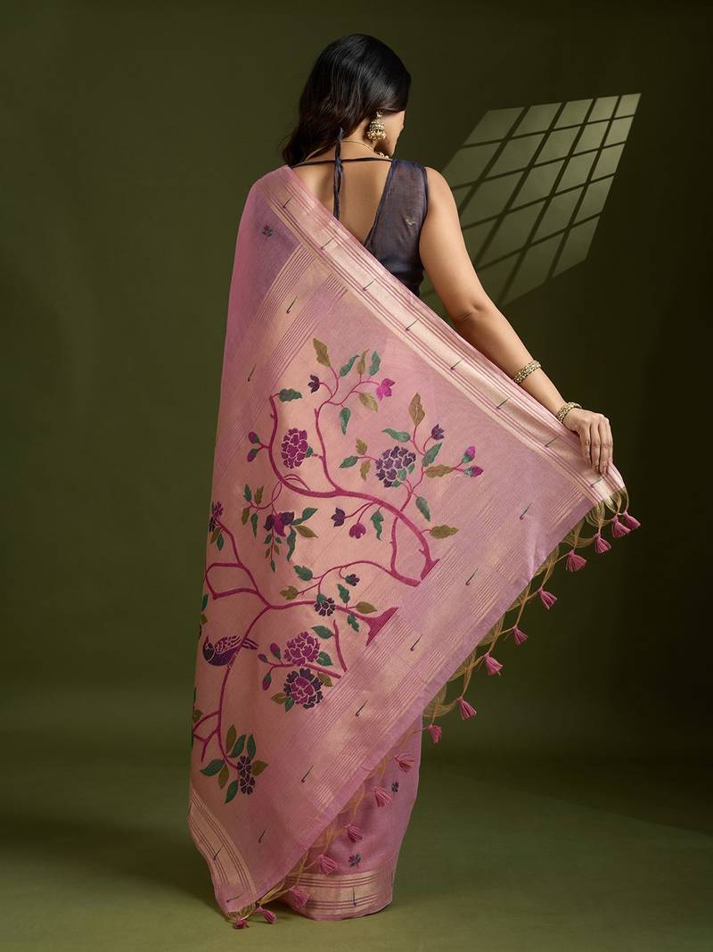 Pink Color With Resham Weaving Work Muga Cotton Paithani Saree 