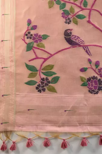 Pink Color With Resham Weaving Work Muga Cotton Paithani Saree 