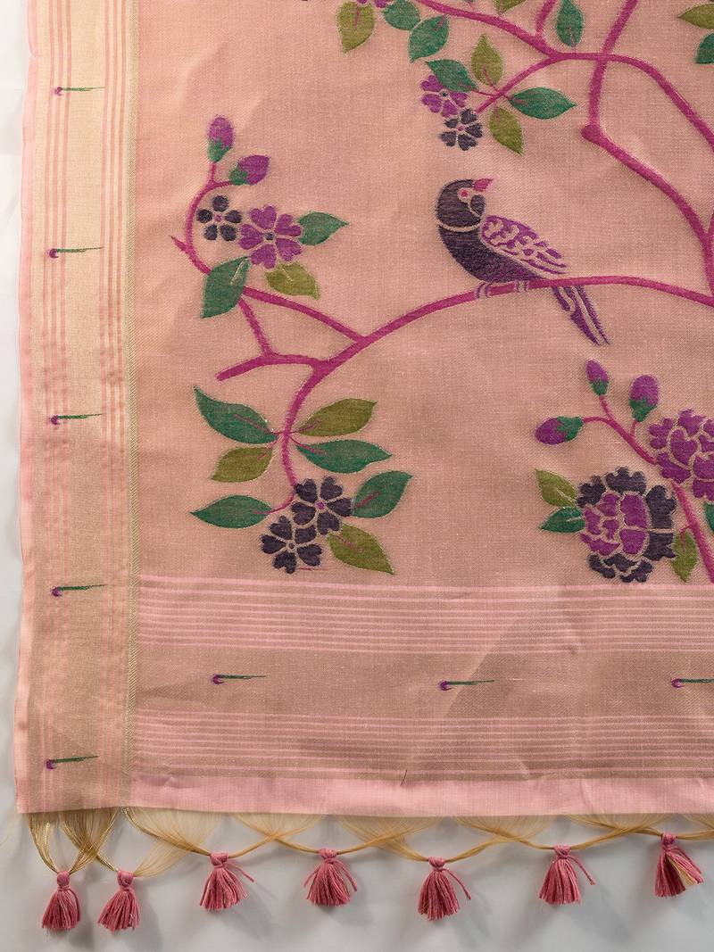 Pink Color With Resham Weaving Work Muga Cotton Paithani Saree 
