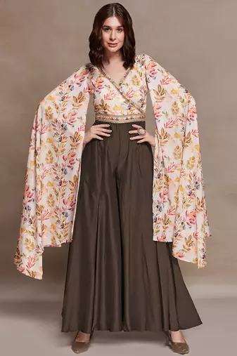 multi-color maslin jumpsuit with flared palazzo and cape sleeves