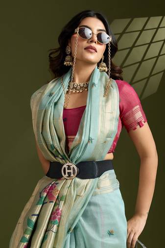 Sky Blue Color With Resham Weaving Work Muga Cotton Paithani Saree 