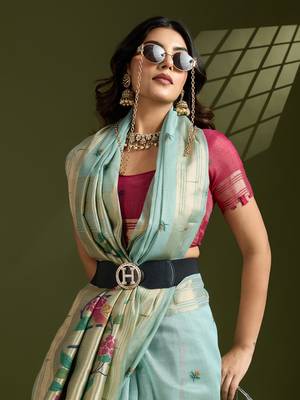 Sky Blue Color With Resham Weaving Work Muga Cotton Paithani Saree  1