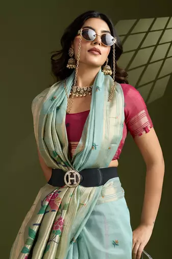 Sky Blue Color With Resham Weaving Work Muga Cotton Paithani Saree 