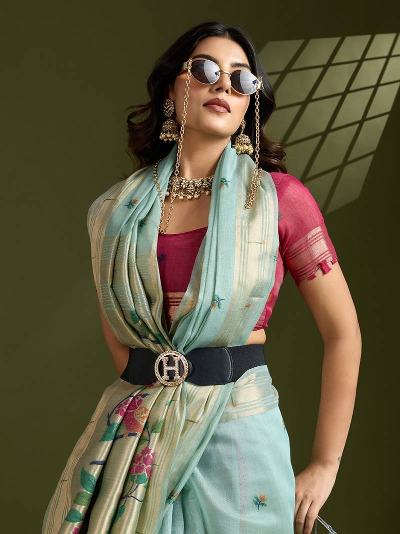 Sky Blue Color With Resham Weaving Work Muga Cotton Paithani Saree 