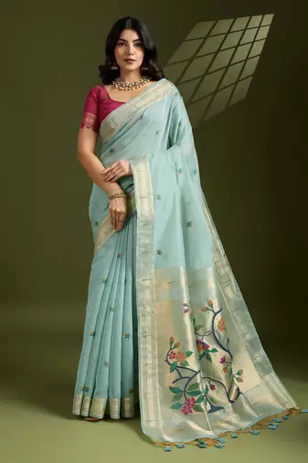 Sky Blue Color With Resham Weaving Work Muga Cotton Paithani Saree 