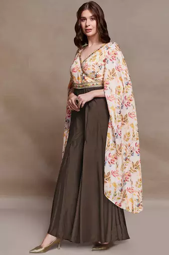multi-color maslin jumpsuit with flared palazzo and cape sleeves