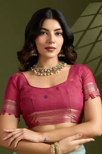 Sky Blue Color With Resham Weaving Work Muga Cotton Paithani Saree 