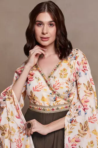 multi-color maslin jumpsuit with flared palazzo and cape sleeves