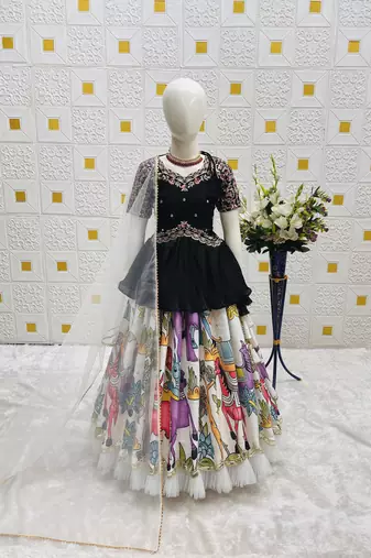 New Designer Kediya Style Chinon Silk Embroidery Work Black Readymade Lehenga Choli