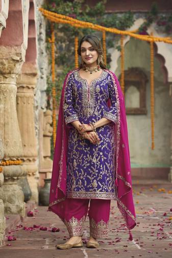 PURPLE HEAVY CHINON EMBROIDERY PARTY WEAR SUIT 