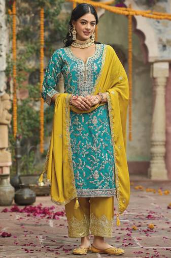 GREEN CHINON SILK PARTY WEAR EMBROIDERY PARTY WEAR SUIT SET 
