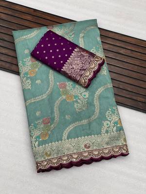 light aqua blue soft dola silk blend saree 3