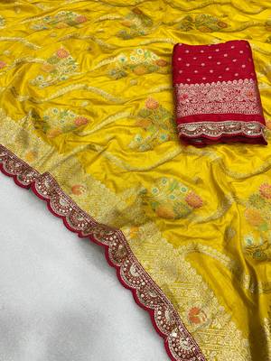 yellow soft dola silk blend saree 2