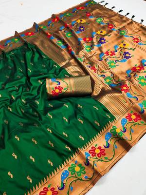 Green faux banarasi silk saree with paithani rich weaved pallu and blouse 1