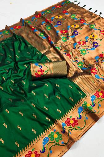 Green  faux banarasi silk saree with paithani rich weaved pallu and blouse